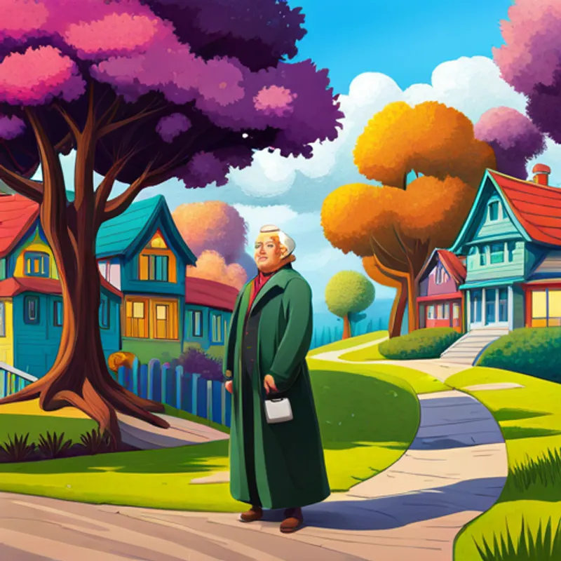 Benjamin in front of colorful houses and trees