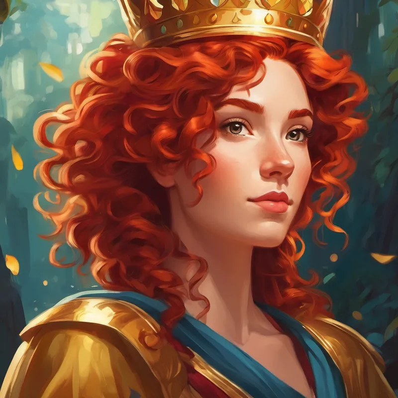 Curly red hair, adventurous, determined to find sanctuary meeting a stunning woman with a golden crown