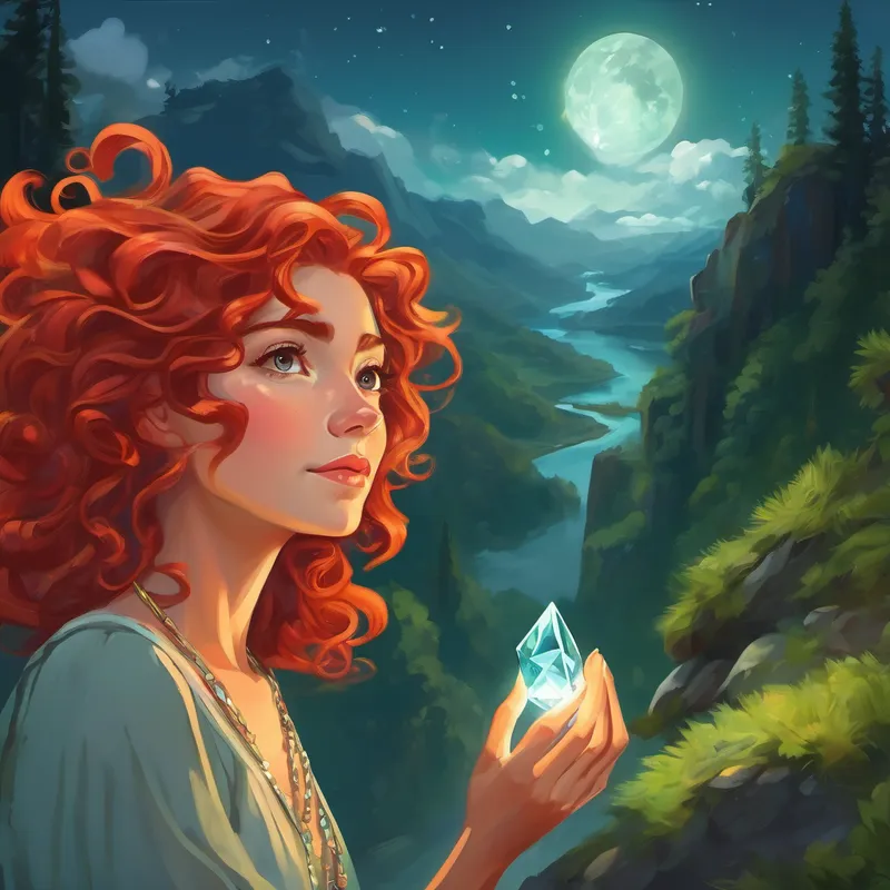 The woman giving Curly red hair, adventurous, determined to find sanctuary a sparkling crystal necklace