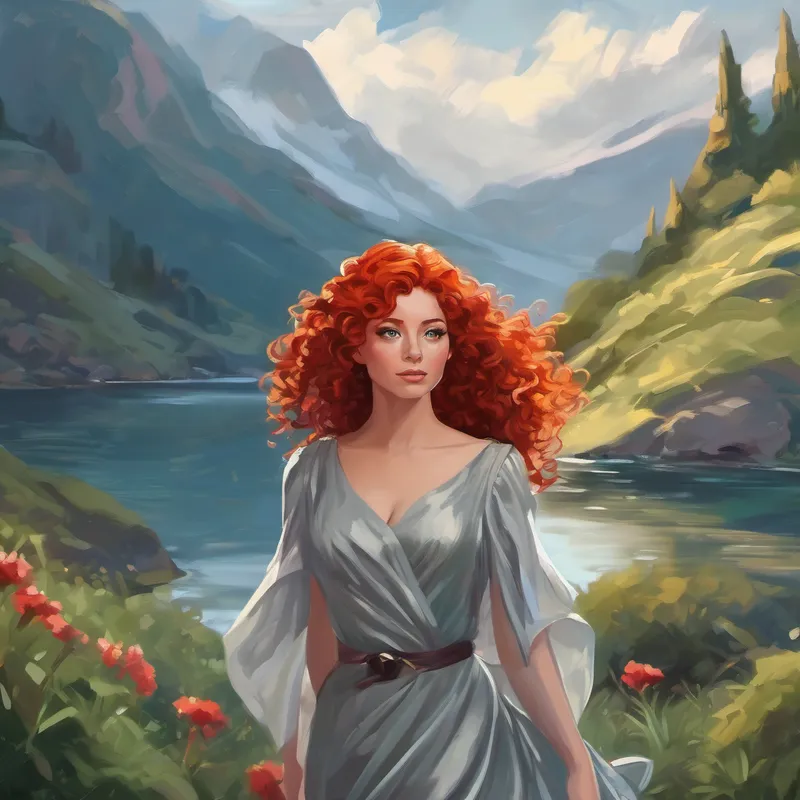 Curly red hair, adventurous, determined to find sanctuary meeting another enchanting woman with a silver dress