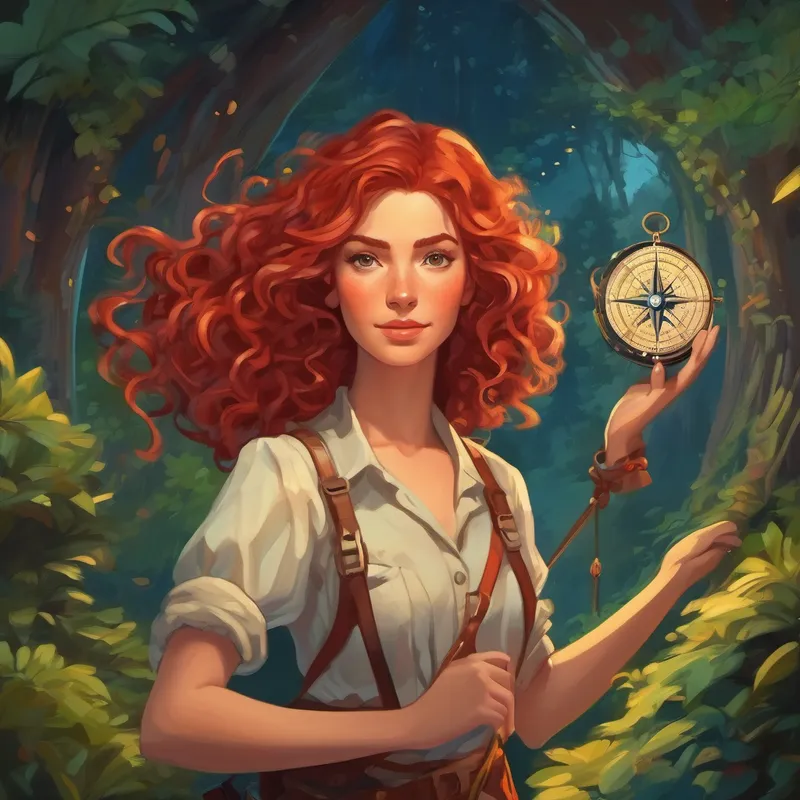 The woman giving Curly red hair, adventurous, determined to find sanctuary a magical compass