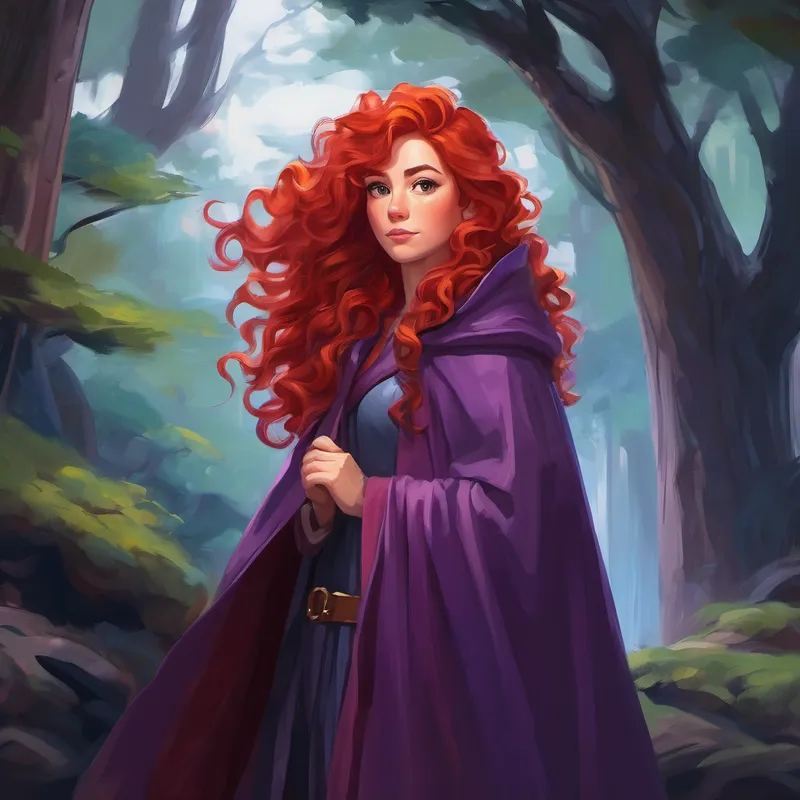 Curly red hair, adventurous, determined to find sanctuary encountering a mesmerizing woman with a purple cloak
