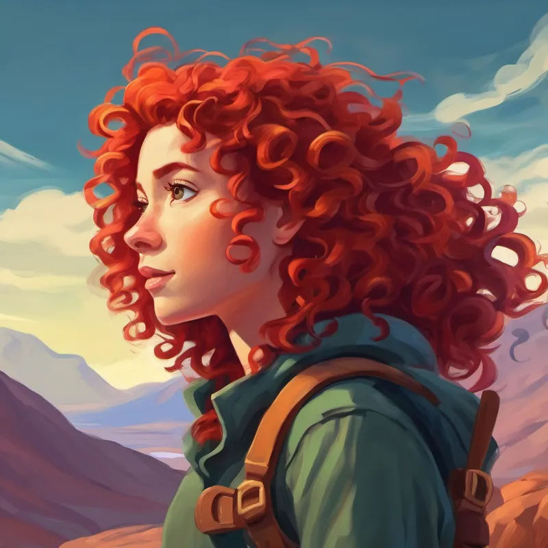 Curly red hair, adventurous, determined to find sanctuary arriving at the hidden sanctuary near Death Valley