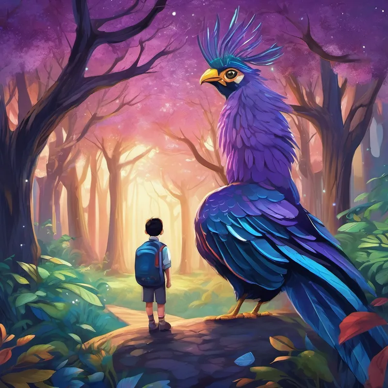 As they traveled through space, they encountered all sorts of bizarre and whimsical creatures. Some had feathers like peacocks, others had scales like fish, and a few even had little twinkling lights in their fur. They all spoke different languages, yet somehow, they found a way to understand each other. It reminded Alex of how people from different backgrounds can be friends too. One planet they visited had towering purple trees that looked like they had been painted by Picasso. The leaves on these trees whispered secrets, tales of bravery, and overcoming fears. Alex listened closely, finding comfort in their stories. He realized that just like the leaves, he too had to be brave and face his fears head-on in his new school.