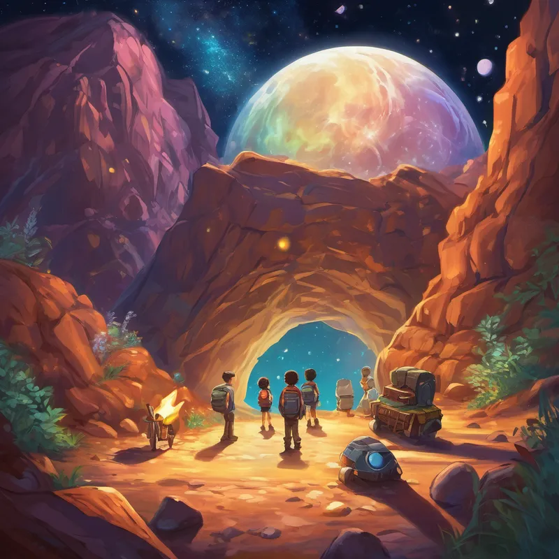 As they continued their journey, they encountered a group of interstellar explorers. These explorers, much like Alex, had traveled far from their homes to discover new places. They invited Alex, Lily, and Whiskers to join them on their mission. They explored magical caves filled with shimmering crystals and played games on planets made entirely out of chocolate! One evening, as they gathered around a bonfire, Alex shared his worries about starting a new school. To his surprise, the explorers shared their own stories of moving to new places and struggling to fit in. They assured him that it was normal to be nervous, but that he was a kind and brave soul, and that meant he would find friends in no time.