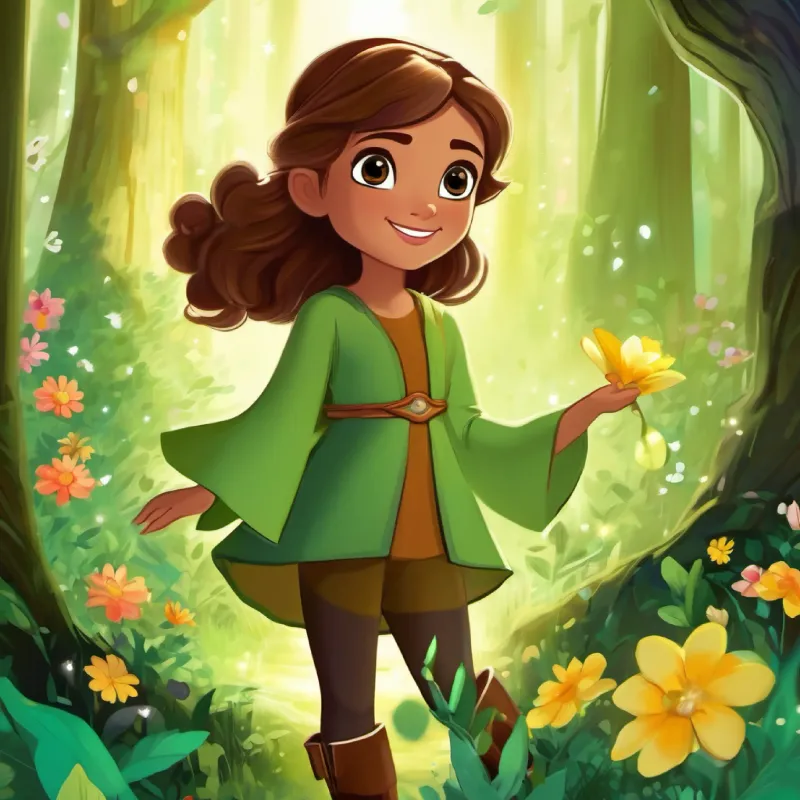 Elara Discovers the Glittering Path: An image showing Elara standing at the edge of the forest, her eyes filled with curiosity as she gazes upon a glittering path leading deep into the Enchanted Forest. The path is illuminated by a soft, ethereal glow, hinting at the magical adventure that awaits Elara.