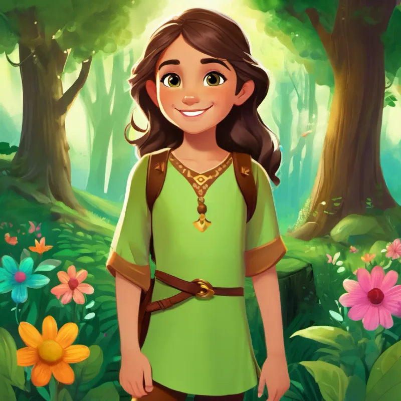 Elara in the Peaceful Village: An illustration depicting Elara, a kind and curious girl, surrounded by smiling villagers in a quaint, peaceful village at the edge of the Enchanted Forest. Elara is depicted with a cheerful smile, exuding warmth and kindness as she interacts with the villagers.