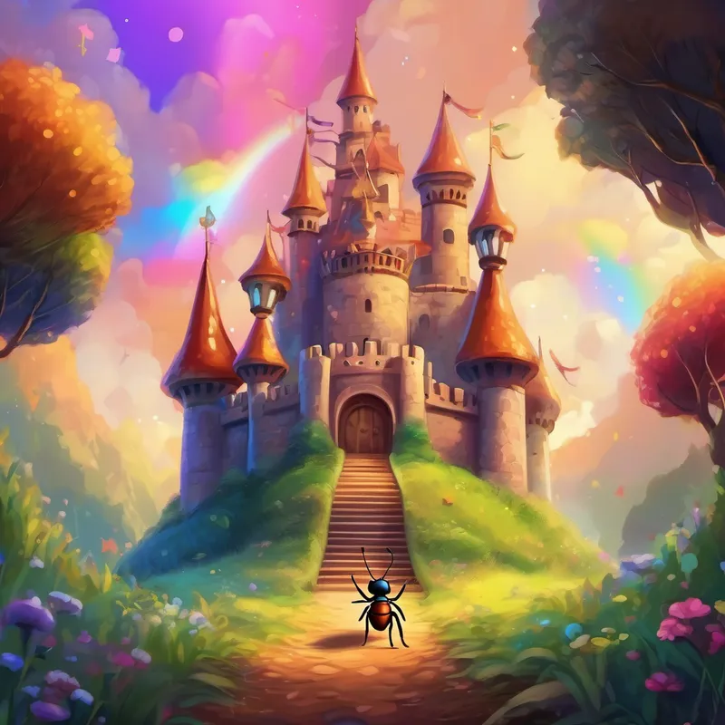 A small, brown ant with sparkling eyes full of curiosity the ant exploring a magical castle filled with rainbow colors.