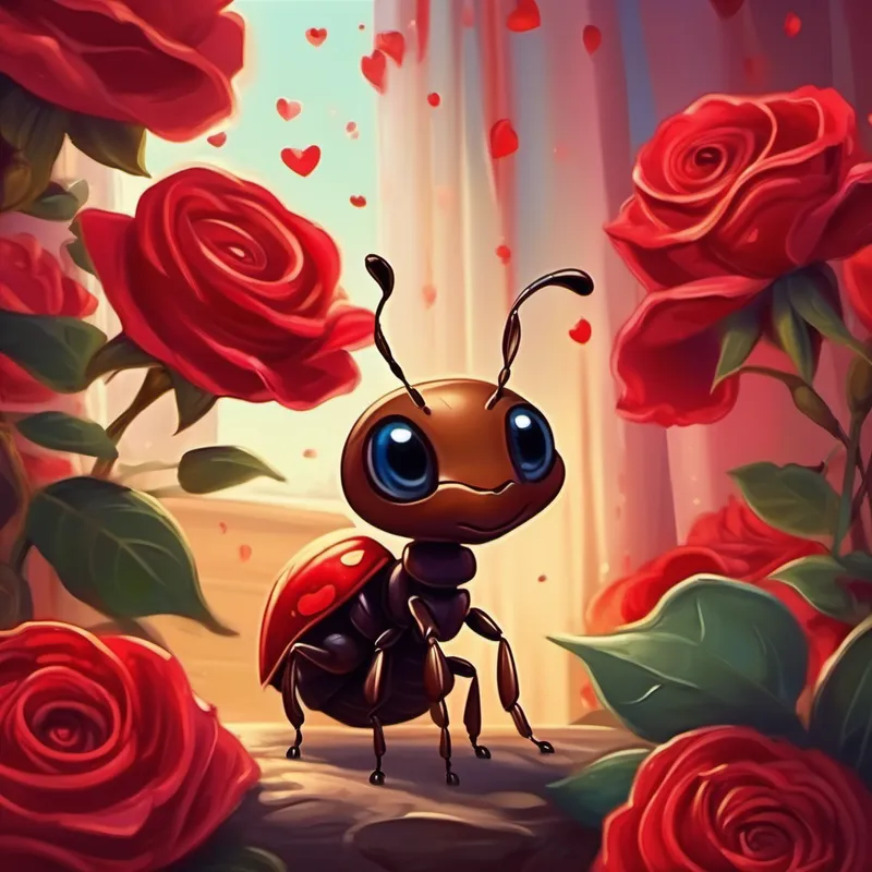 A small, brown ant with sparkling eyes full of curiosity surrounded by red velvet curtains and red roses, feeling love and passion.