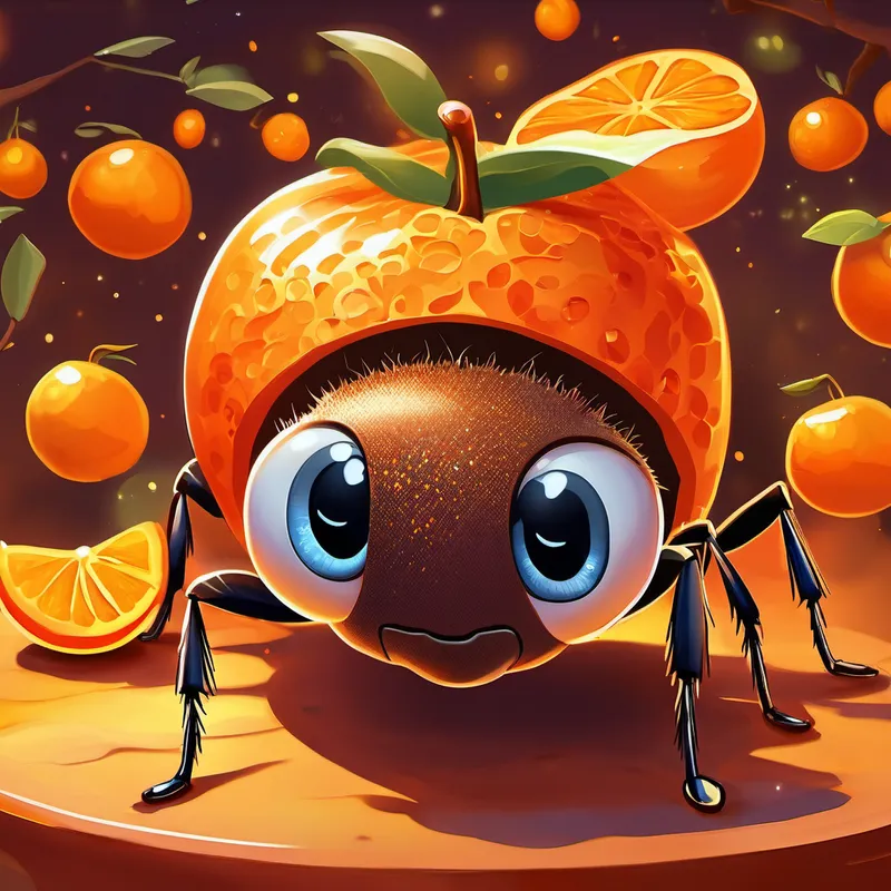A small, brown ant with sparkling eyes full of curiosity surrounded by vibrant orange walls and orange fruit decorations, feeling energy and creativity.