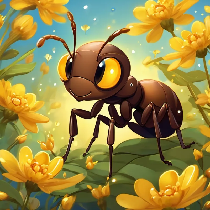 A small, brown ant with sparkling eyes full of curiosity surrounded by bright yellow flowers and golden candles, feeling happiness and optimism.