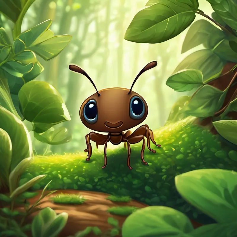 A small, brown ant with sparkling eyes full of curiosity surrounded by lush green plants and trees, feeling growth and harmony.