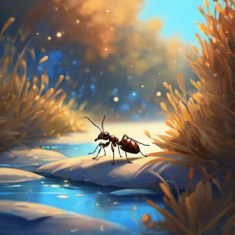 A small, brown ant with sparkling eyes full of curiosity surrounded by soothing shades of blue walls and soft music, feeling calmness and serenity.