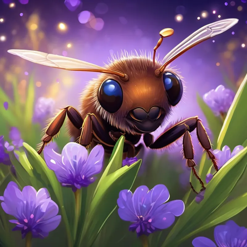 A small, brown ant with sparkling eyes full of curiosity surrounded by mesmerizing violet flowers and shimmering lights, feeling imagination and spirituality.