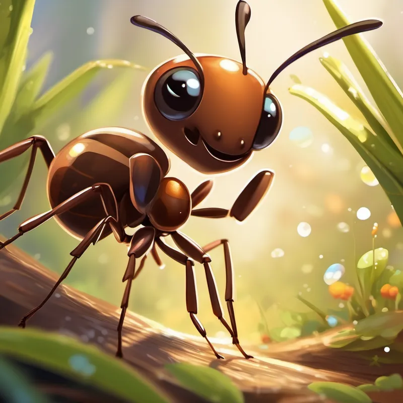 A small, brown ant with sparkling eyes full of curiosity returning to his ant friends, spreading joy, love, and inspiration.