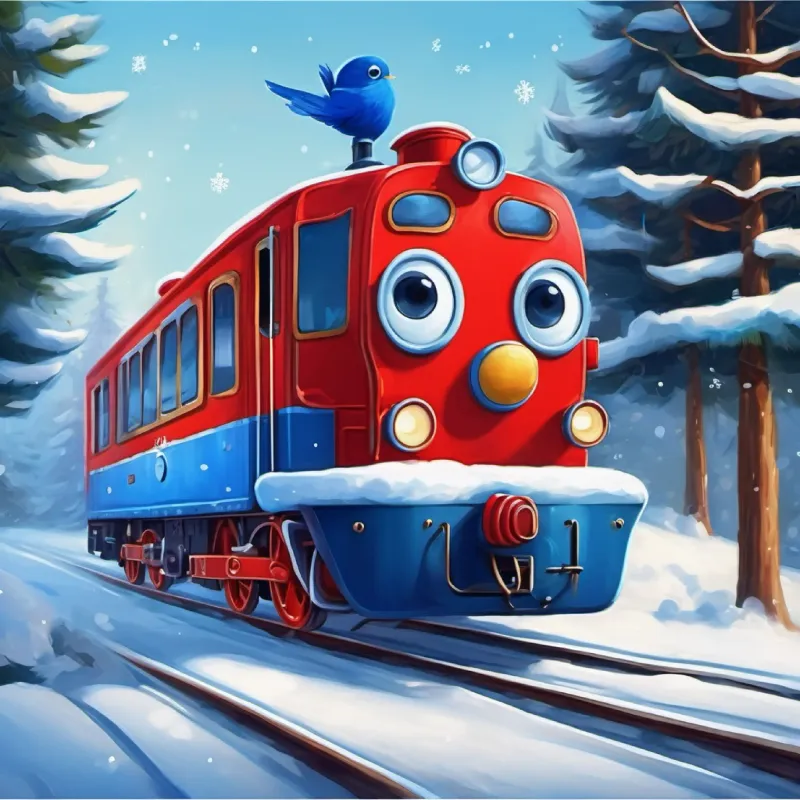 A bright red locomotive with big, friendly eyes with his friend, Small, cheerful bluebird with a quick smile the bluebird