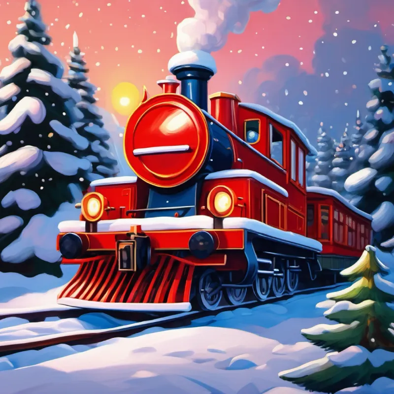 Tootsville celebrating, A bright red locomotive with big, friendly eyes contemplating