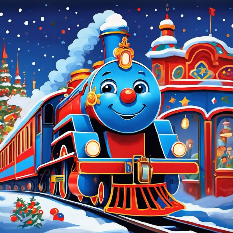 A bright red locomotive with big, friendly eyes and Small, cheerful bluebird with a quick smile decorating the circus train