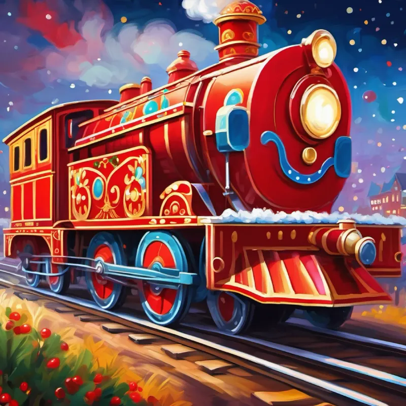 A bright red locomotive with big, friendly eyes parading as the Circus Train