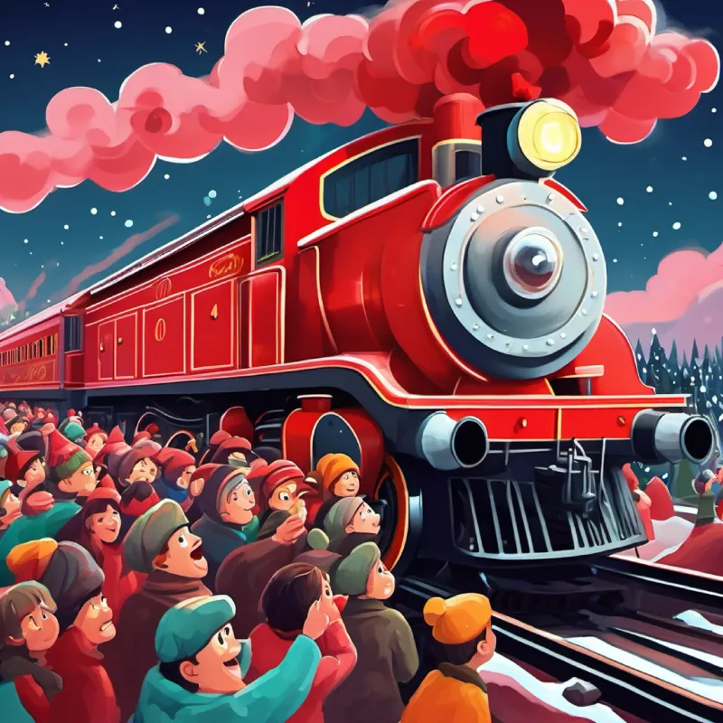 Tootsville's people cheering for A bright red locomotive with big, friendly eyes