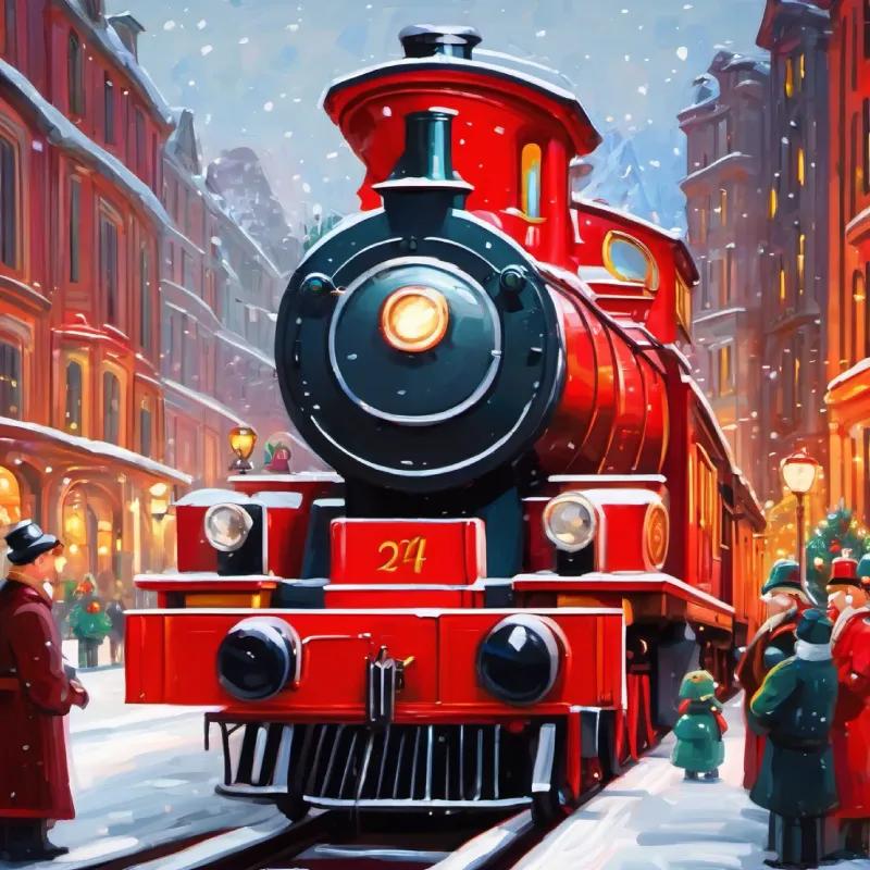 Judges admiring A bright red locomotive with big, friendly eyes at the contest