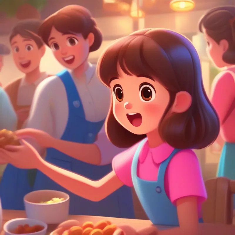 Cheerful girl with brown hair, pink shirt, and blue skirt talking to chouca, Caring woman with brown hair, white shirt, and blue jeans getting food, scared chouca