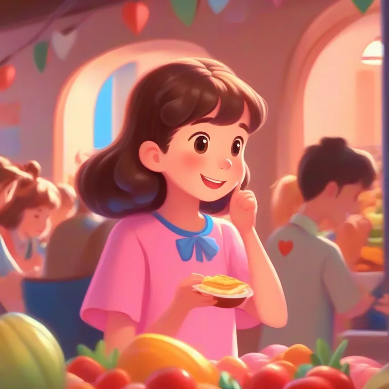 Cheerful girl with brown hair, pink shirt, and blue skirt sharing love and food, chouca feeling better