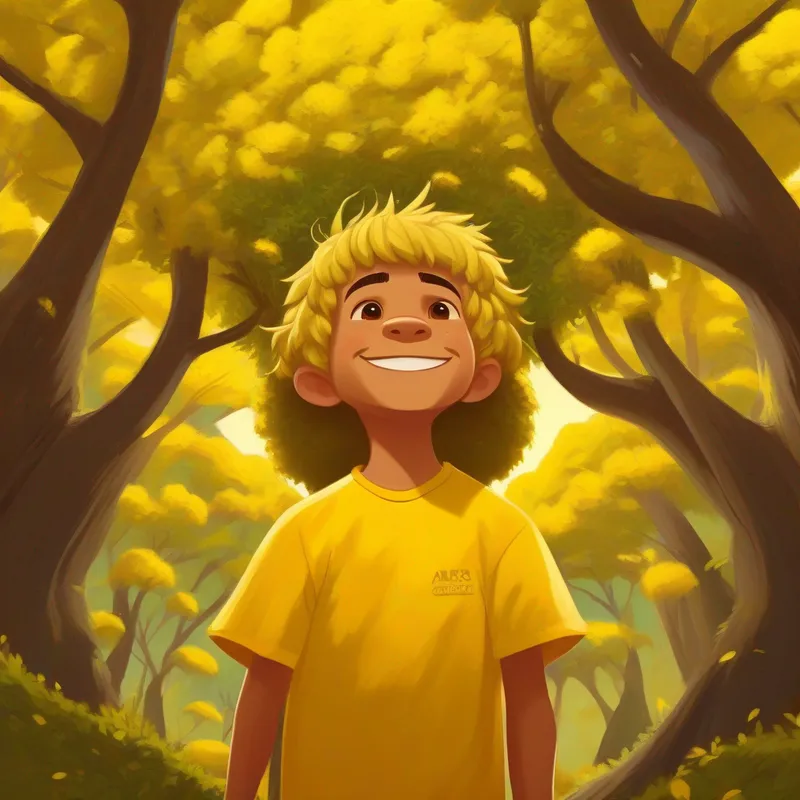 Menino alegre com cabelos castanhos e camiseta amarela sorrindo em frente a uma grande árvore