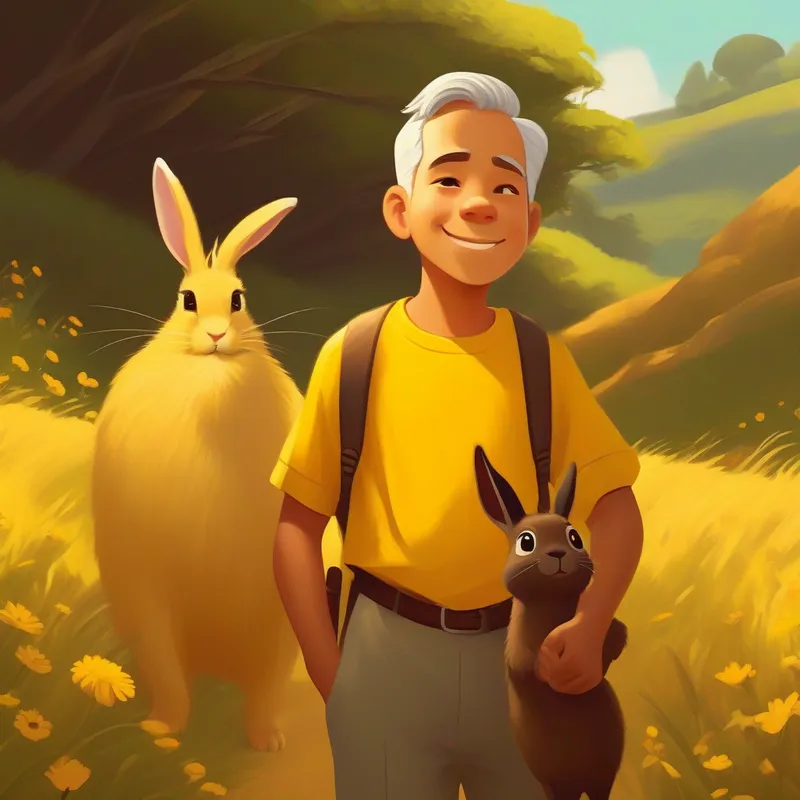Menino alegre com cabelos castanhos e camiseta amarela e o coelho se olhando com curiosidade