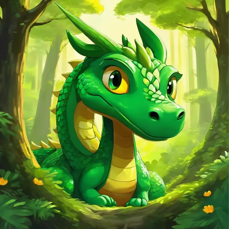 dragone verde con grandi occhi gialli, un dragone verde con grandi occhi gialli, viveva felicemente nel bosco.