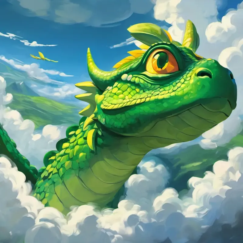 dragone verde con grandi occhi gialli sognava di volare tra nuvole bianche mentre sorrideva felice.