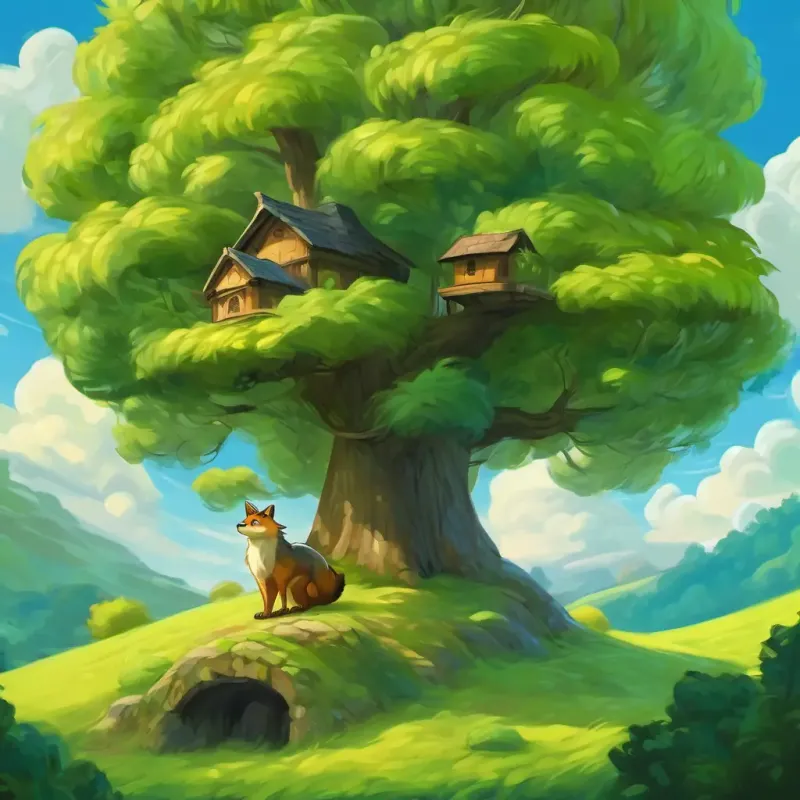 dragone verde con grandi occhi gialli chiese aiuto a una volpe furba furba e a un gufo saggio saggio sotto un albero alto.