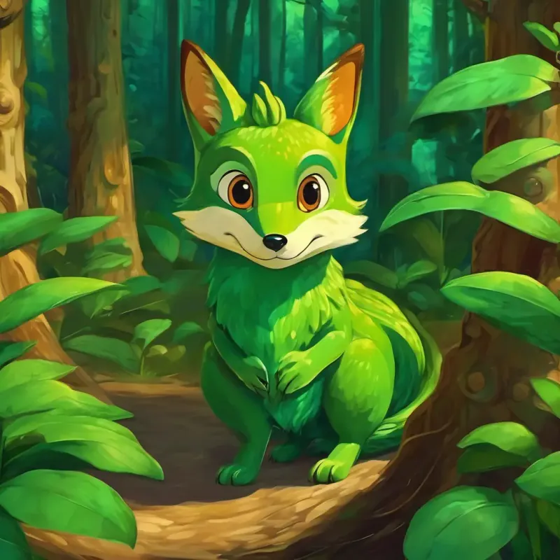 dragone verde con grandi occhi gialli correva veloce con la volpe furba e volava delicatamente con il gufo saggio.