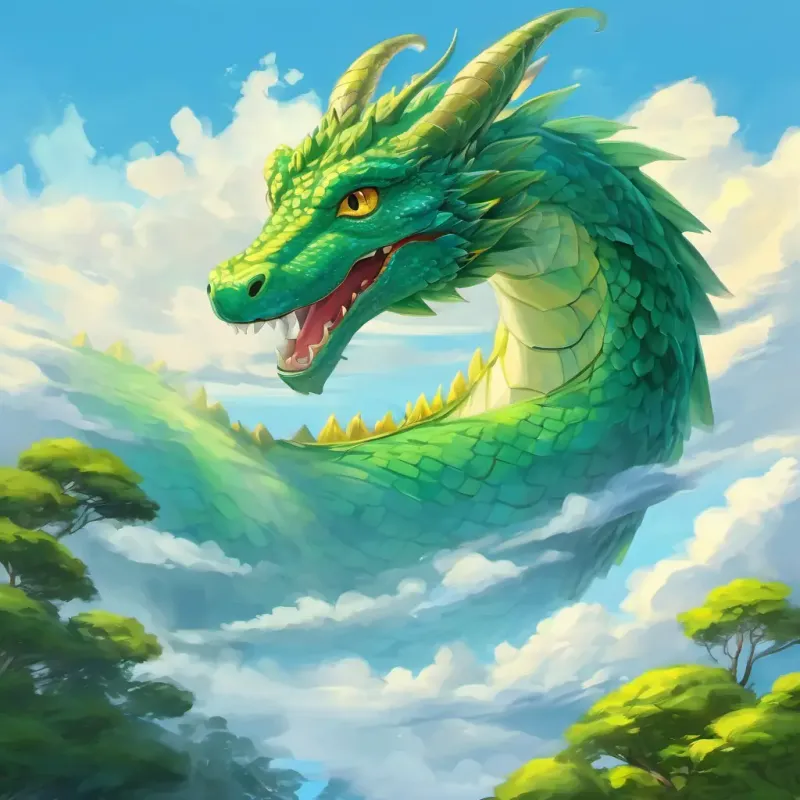 dragone verde con grandi occhi gialli sorrideva mentre volava attraverso il cielo azzurro.