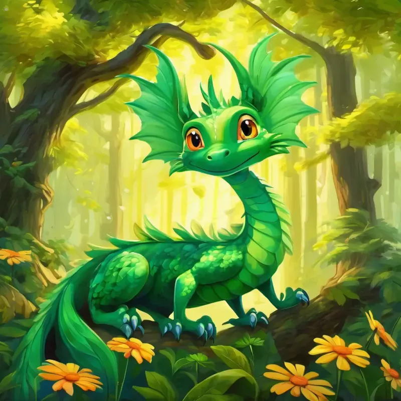 dragone verde con grandi occhi gialli giocava con farfalle colorate colorate e faceva coriandoli con gli uccellini simpatici.