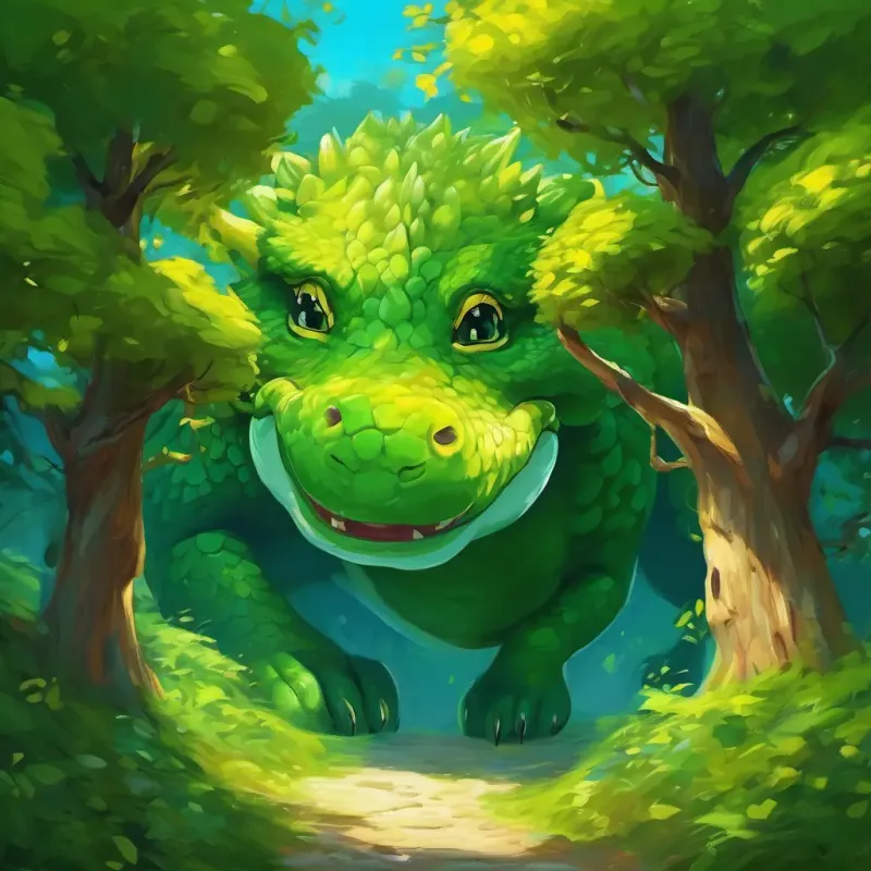 dragone verde con grandi occhi gialli si addormentava sorridente nel suo nido tra gli alberi alti.