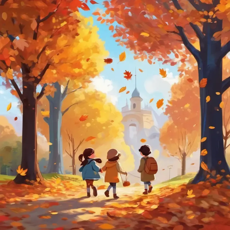 Kids enjoy autumn, colorful leaves.