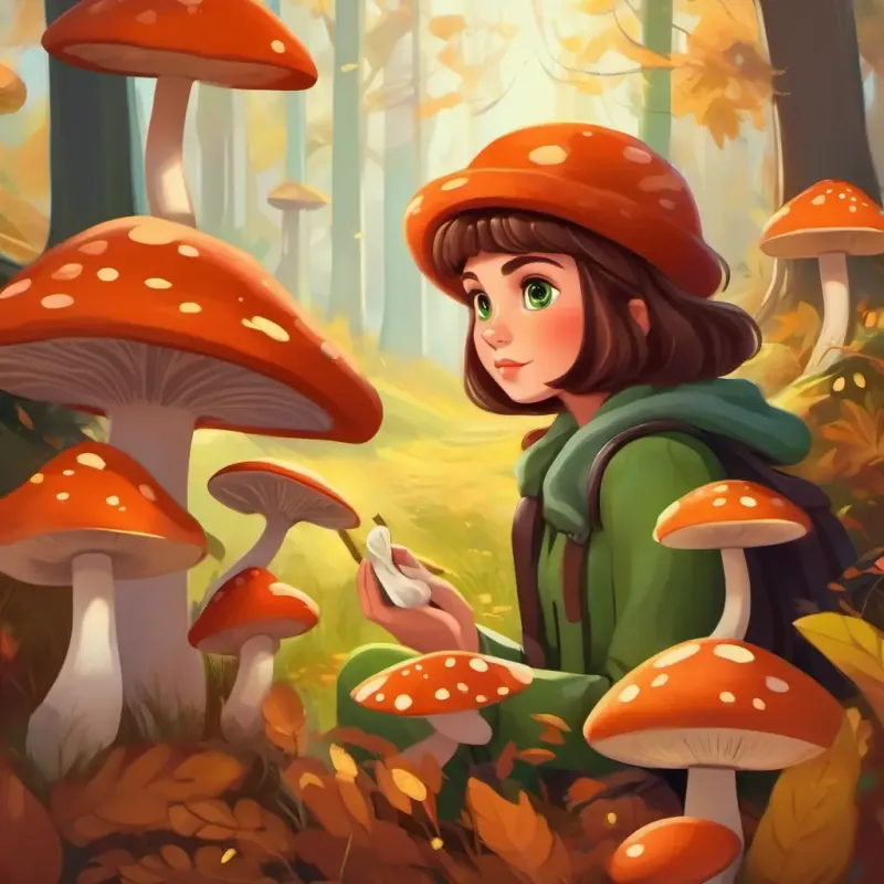 Girl with brown hair, green eyes, inquisitive finds mushrooms, autumn setting.