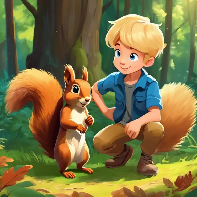 Boy with blonde hair, blue eyes, adventurous encounters squirrel, forest activity.