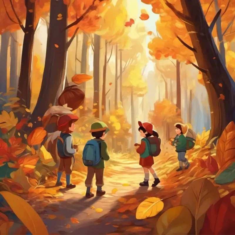 Kids gather autumn treasures, forest exploration.