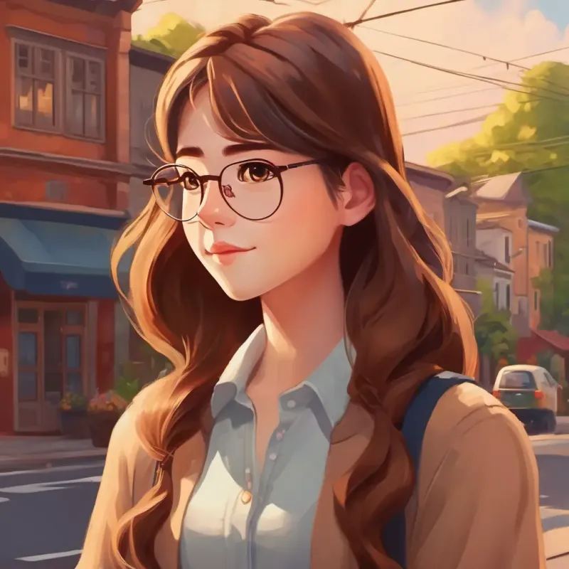 Introducing Brown long hair, glasses, confident and setting the scene in a small town