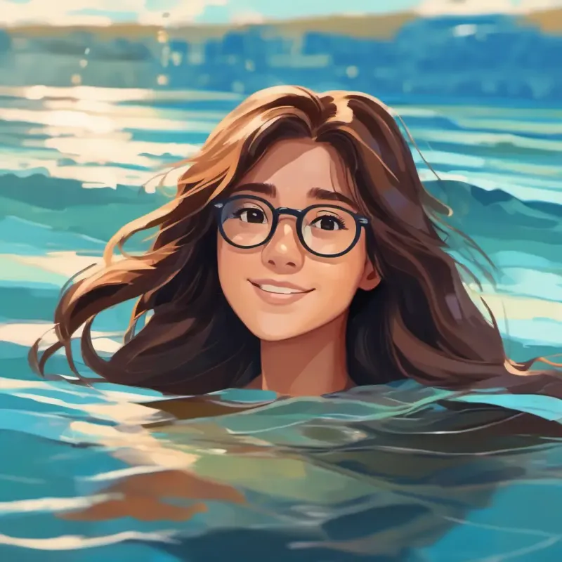 Brown long hair, glasses, confident practicing swimming and gaining confidence