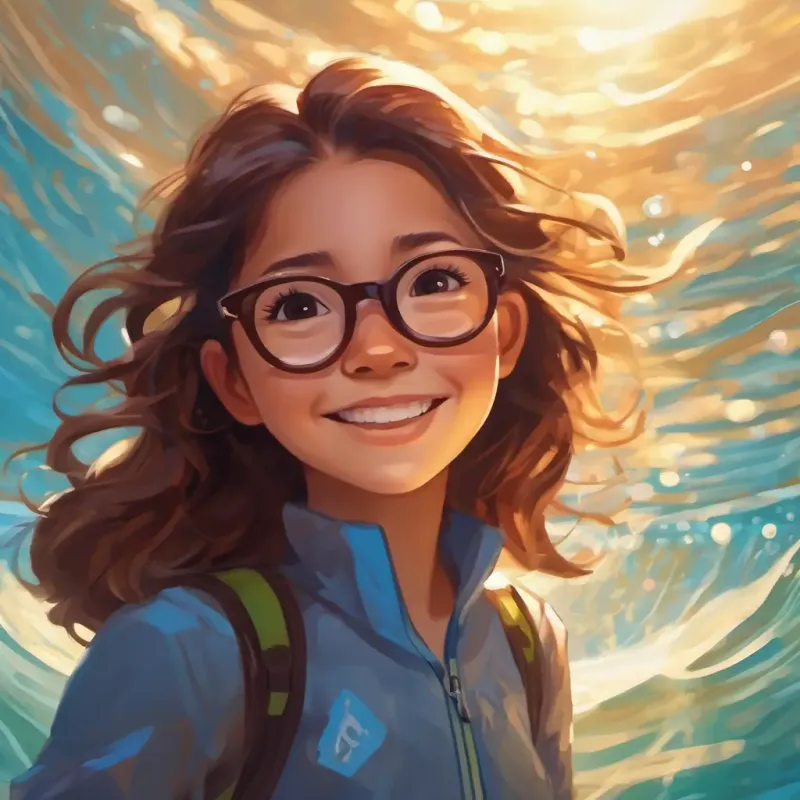 Brown long hair, glasses, confident using her super swimming powers and teaching Short hair, happy, eager to learn to swim
