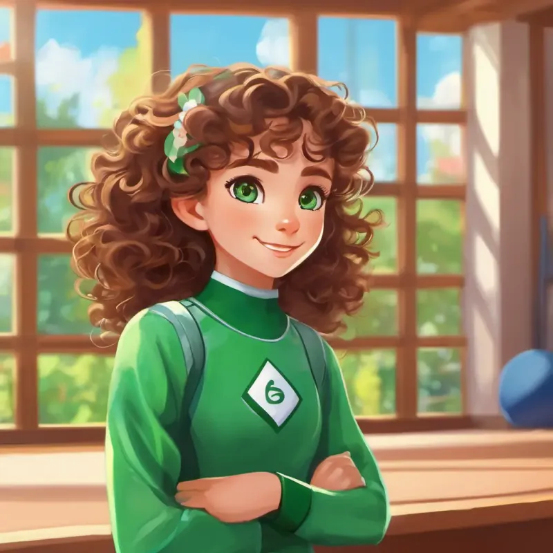 Introduction, Curly brown hair, big green eyes, playful and energetic getting ready for gymnastics, sunny town, Curly brown hair, big green eyes, playful and energetic's appearance