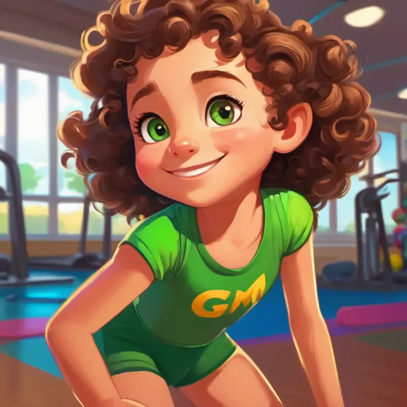 Curly brown hair, big green eyes, playful and energetic meets Friendly smile, encouraging, wears a colorful leotard and other kids, feels nervous but excited, description of the gym