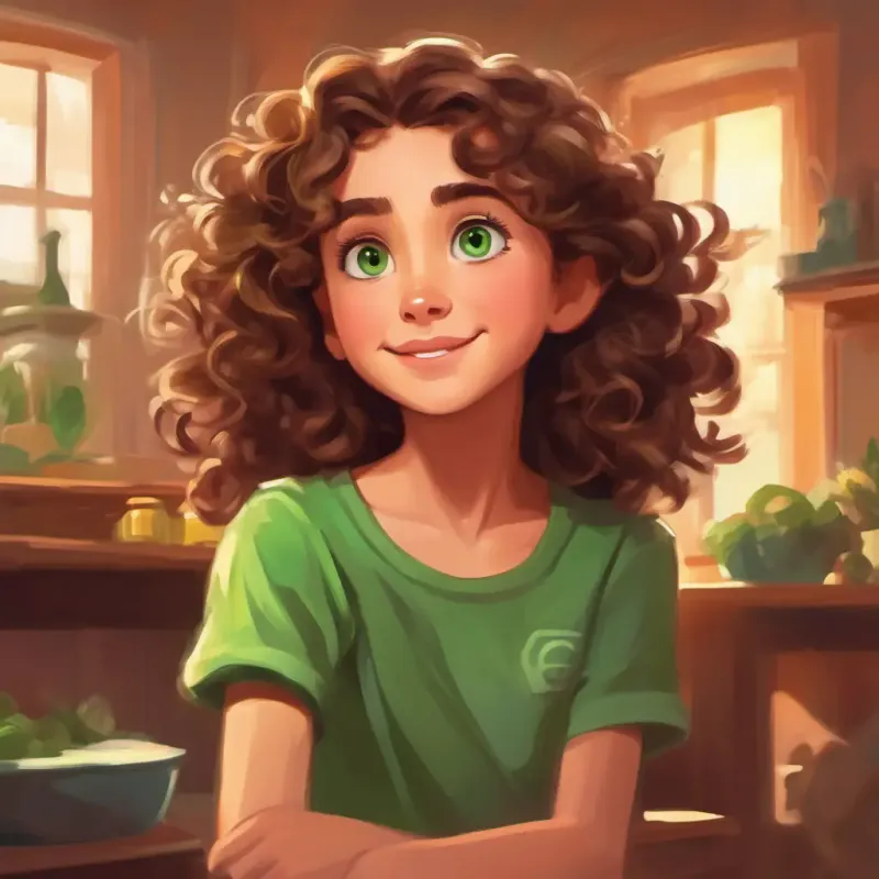Curly brown hair, big green eyes, playful and energetic eager to start, struggles with balancing and cartwheel, feels frustrated