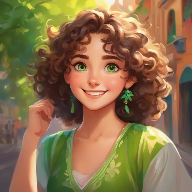 Friendly smile, encouraging, wears a colorful leotard comforts Curly brown hair, big green eyes, playful and energetic, encourages her, Curly brown hair, big green eyes, playful and energetic feels better
