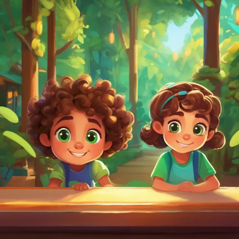Curly brown hair, big green eyes, playful and energetic starts enjoying gymnastics, sees other kids having fun, makes new friends
