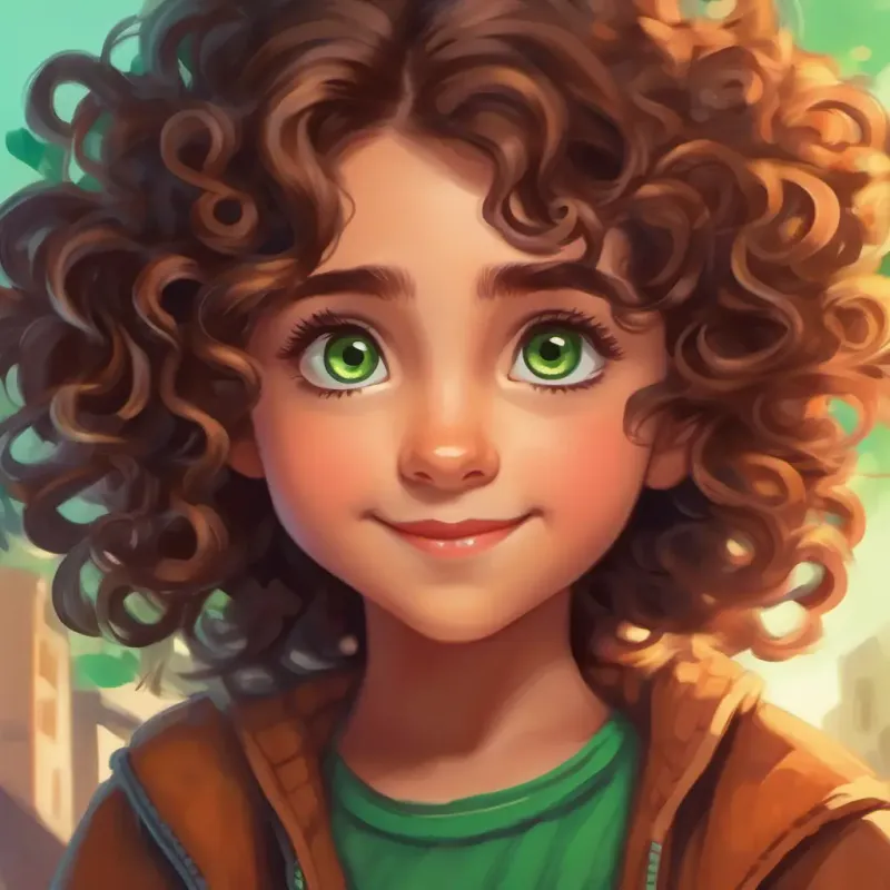 Curly brown hair, big green eyes, playful and energetic feels proud, learns trying new things is rewarding, looks forward to coming back