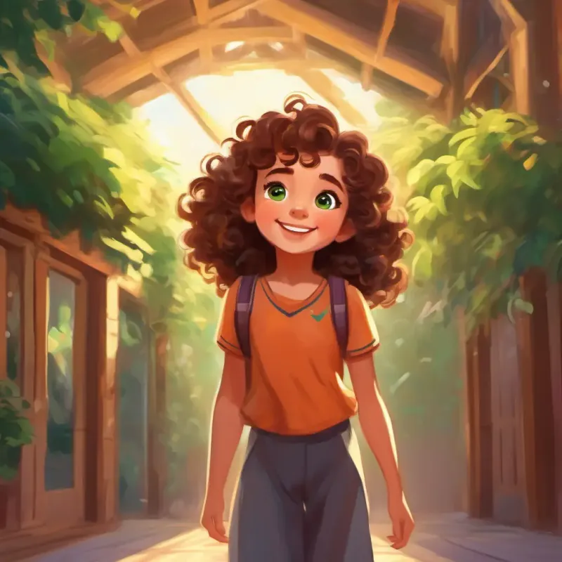 Curly brown hair, big green eyes, playful and energetic talks excitedly to her mom, can't wait for next gymnastics class, hugs mom with a big smile